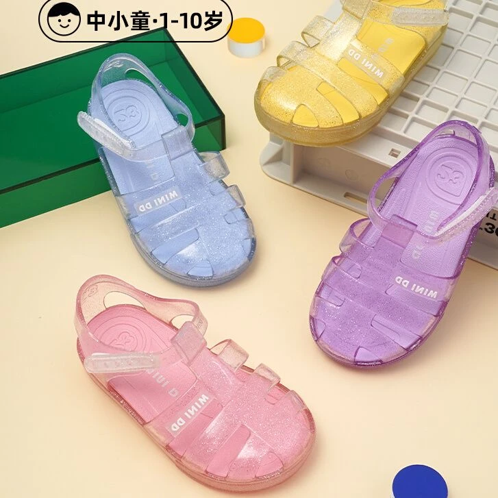 MINIDD儿童闪粉罗马鞋魔术贴女童果冻鞋沙滩海边凉鞋女童凉鞋