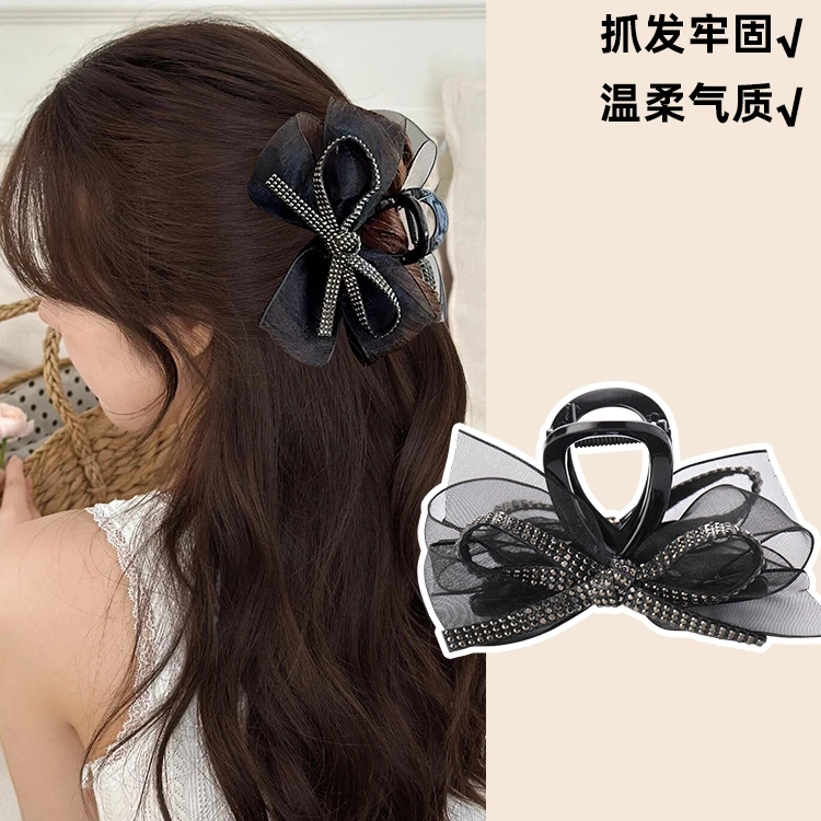 FS-1776黑色网纱蝴蝶结抓夹女后脑勺鲨鱼夹大号盘发气质发夹子