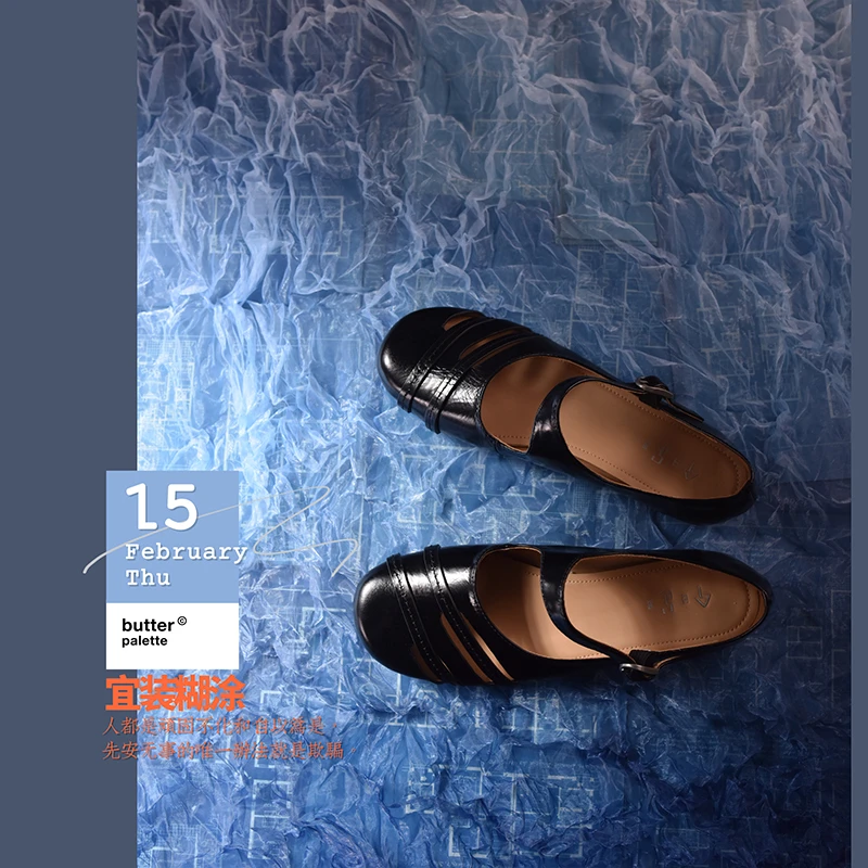 进口皱漆皮镂空平底玛丽珍鞋舒适浅口一字扣带休闲鞋女241017