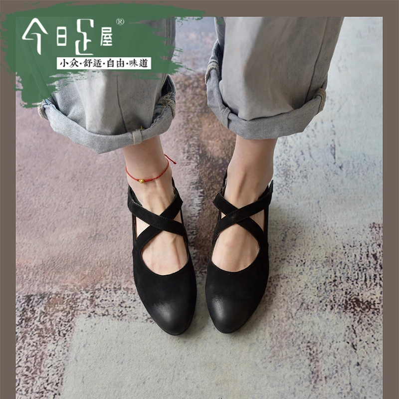 今日足屋复古粗跟交叉绑带玛丽珍鞋法式浅口尖头通勤单鞋231035