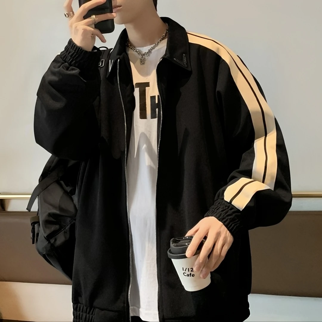 男生秋季外套2023新款西装面料夹克侧边织带学生港风黑色拼色宽松