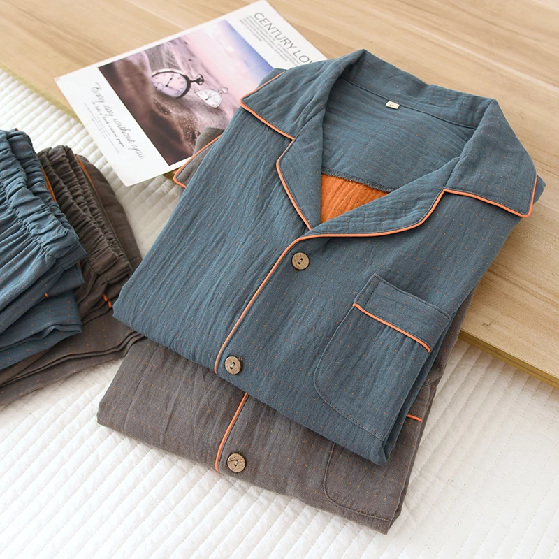 纯棉男睡衣色织春秋夏季薄款全棉双层纱布宽松大码棉纱家居服套装