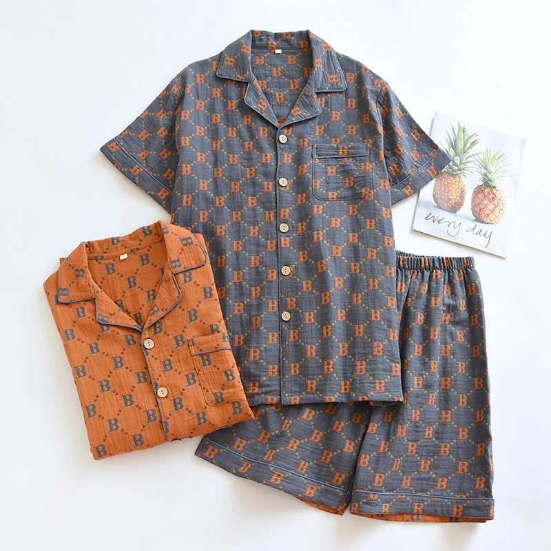 男士睡衣夏季薄款纯棉色织棉纱宽松加肥加大码短袖短裤家居服套装