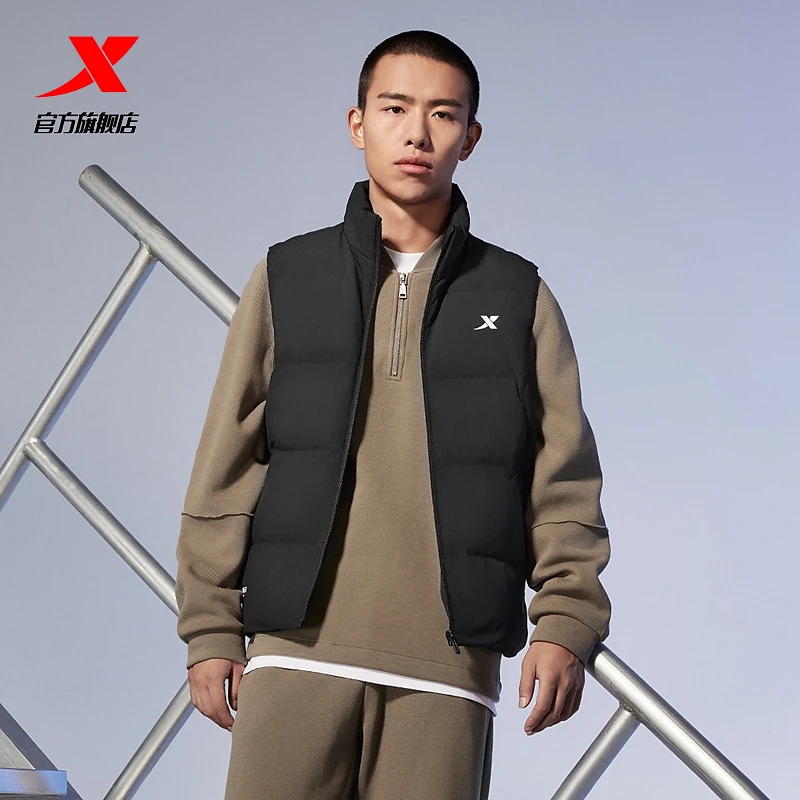 特步有暖气羽绒马甲男款冬季保暖立领外套夹克羽绒服运动上衣