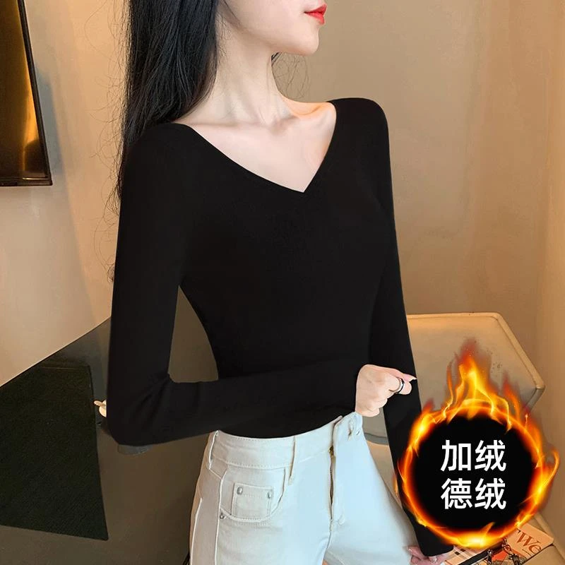 黑色V领打底衫女秋冬内搭长袖洋气加绒2023新款德绒保暖低领上衣
