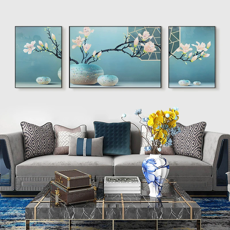 富贵新中式晶瓷三联装饰画客厅玄关沙发床头横版挂画花80240