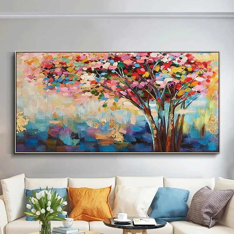 树墙面油画布装饰画轻奢挂画玄关油画风格发财树客厅花80120