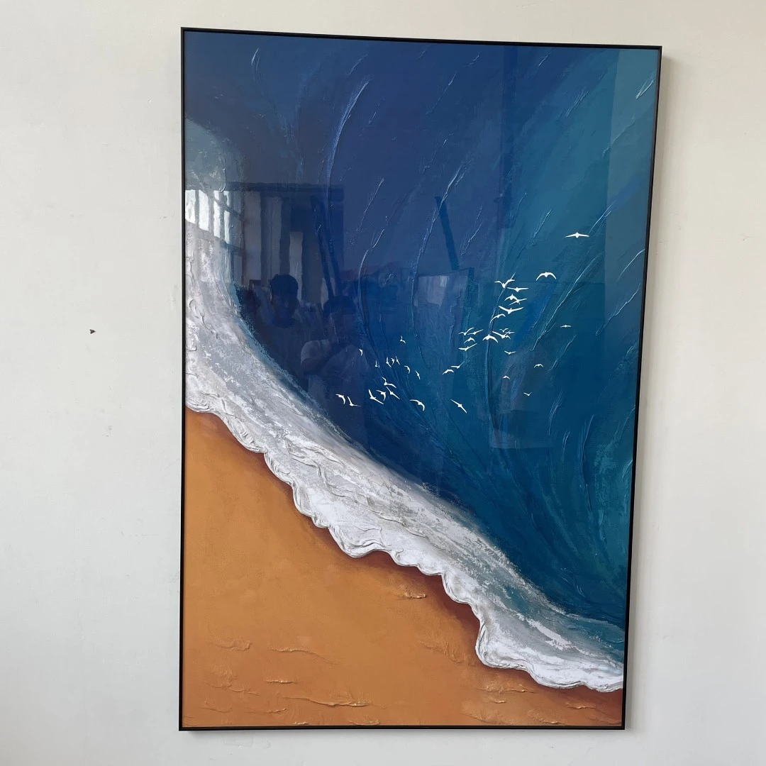 浪沙滩大玄关画潮流现代轻奢客厅装饰画铝合金边框海浪80120