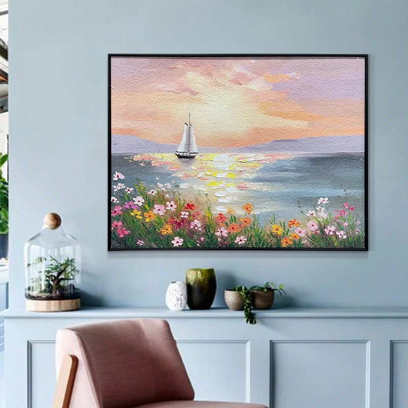出风景手工丙烯油画卧室床头装饰画石英砂添笔挂画花海船6080