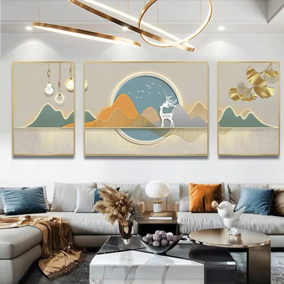 银杏三联装饰画客厅装饰画铝合金边框沙发背景画挂画鹿70200