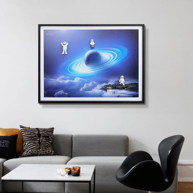 河星球挂画宇宙风景太阳系星空木框唯美装饰画悬浮宇航员6080义乌