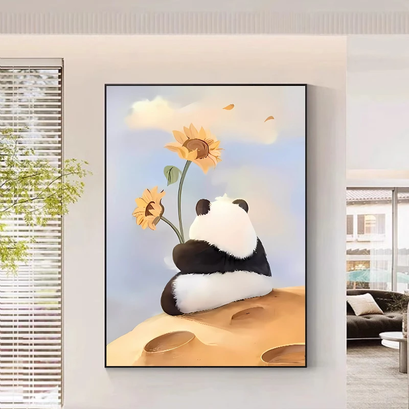 代简约挂画可爱卡通儿童房床头装饰画卧室玄关壁画熊猫80120
