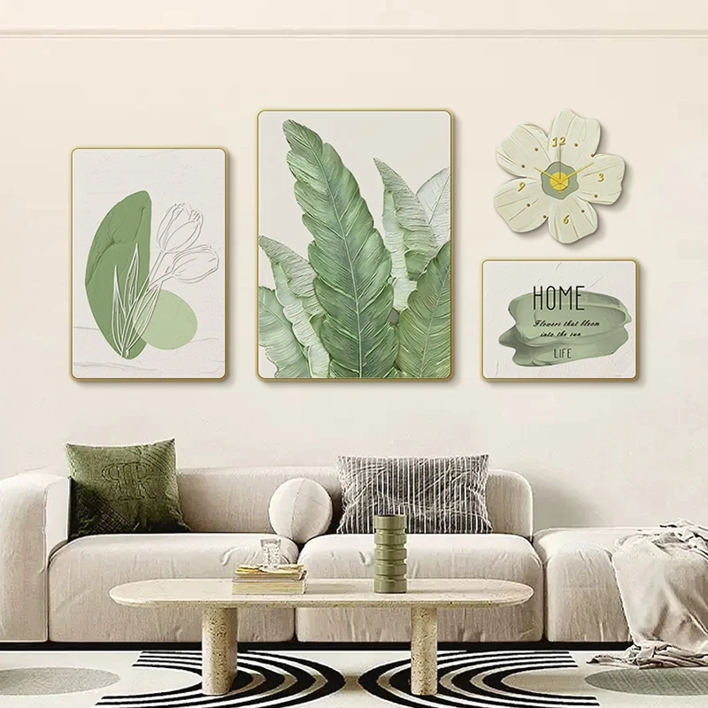 欧奶油风客厅装饰画简约小清新四联带表挂画家大业大四联5070