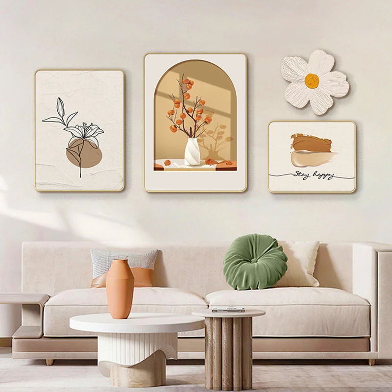 奶油风客厅玄关沙发背景墙装饰画小清新花抽象组合花四联5070