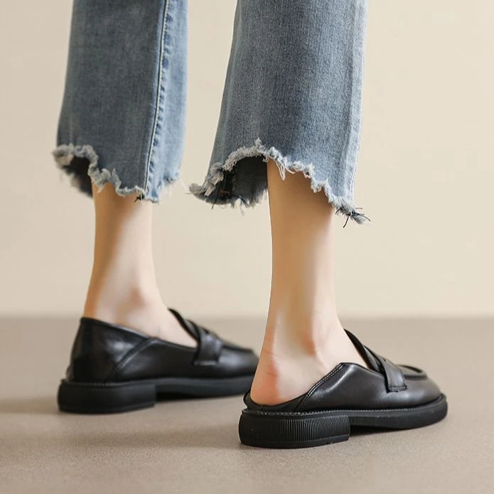 夏季英伦小皮鞋女2023新款复古平底单鞋女一脚蹬乐福鞋大码女鞋子