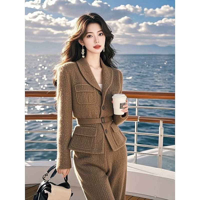 秋冬新款轻奢高级感爆款时尚休闲洋气小香风气质针织外套长裤套装