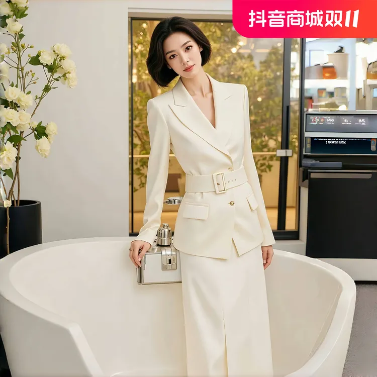 早秋新款气质时尚高级感法式薄款洋气收腰西装外套开叉半身裙套装