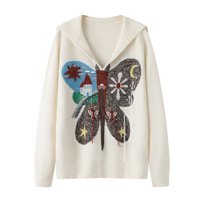 【星空蝴蝶】时尚宽松显瘦洋气彩色蝴蝶刺绣长袖针织衫女