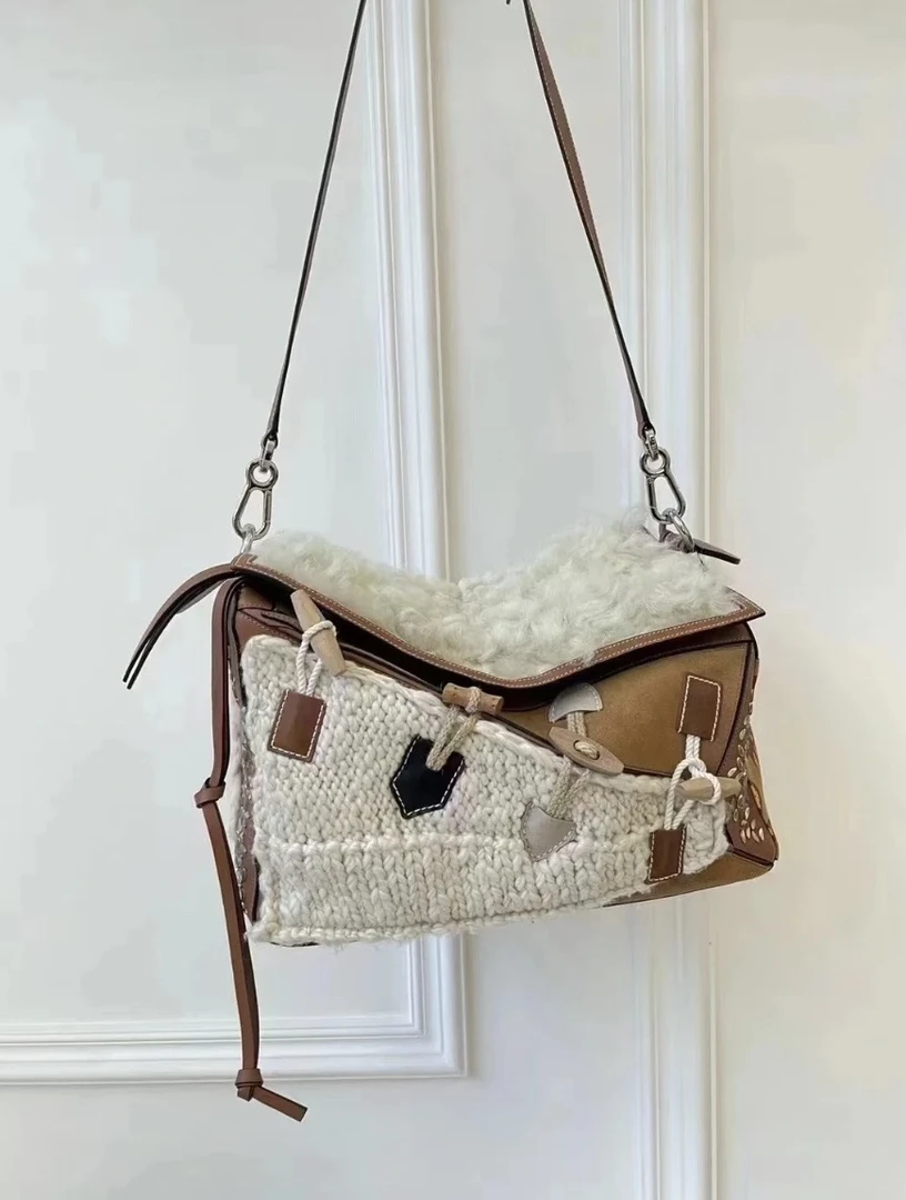 95新 LOEWE/罗意威 夏七中古/麂皮拼羊羔毛puzzle/单肩斜挎包