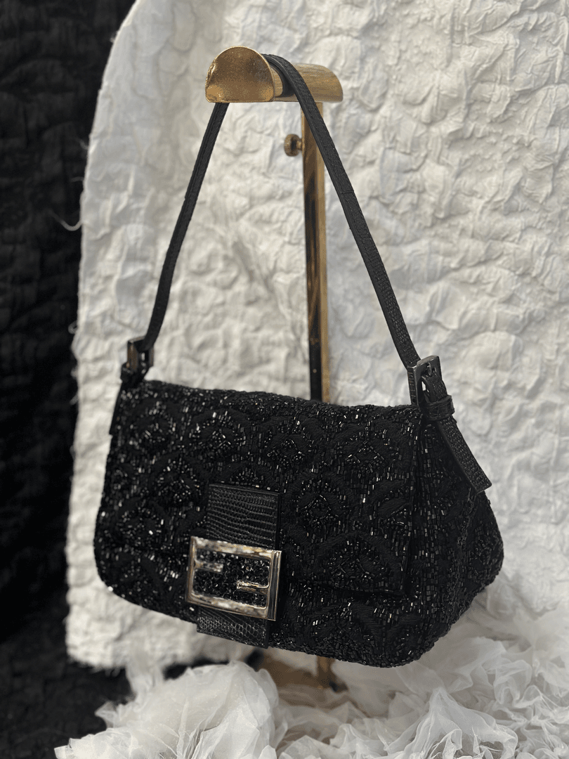 95新 FENDI/芬迪 夏七中古/暗夜玫瑰串珠小胖丁/腋下单肩包