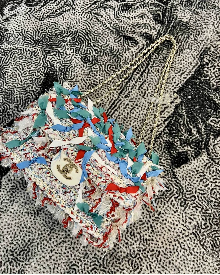95新 Chanel/香奈儿 夏七中古/编织彩带限量cf/斜挎单肩包
