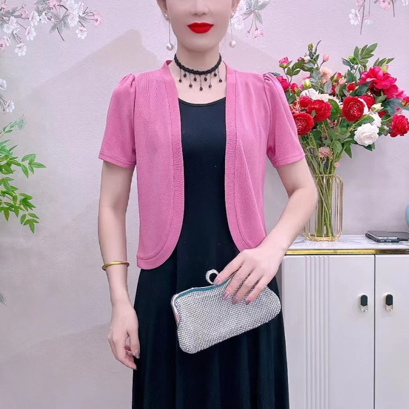 夏天中老年短袖上衣女薄款纯色百搭气质外搭开衫大码半袖披肩外套