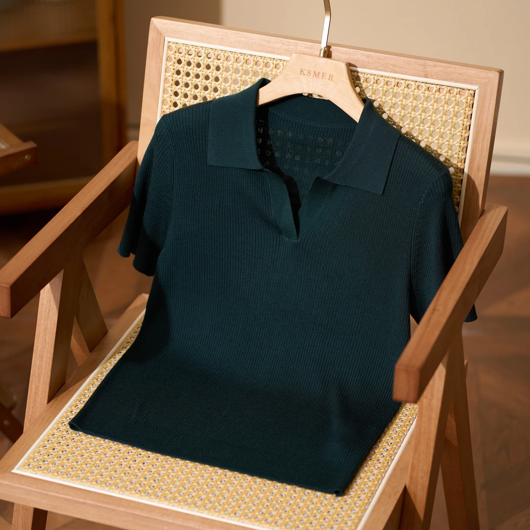 夏季新款竖坑条翻领POLO领老钱风宽松针织衫上衣女