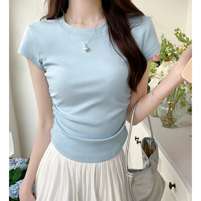 奶蓝色正肩掐腰短袖t恤女夏季新款圆领修身显瘦不露肚子短款上衣