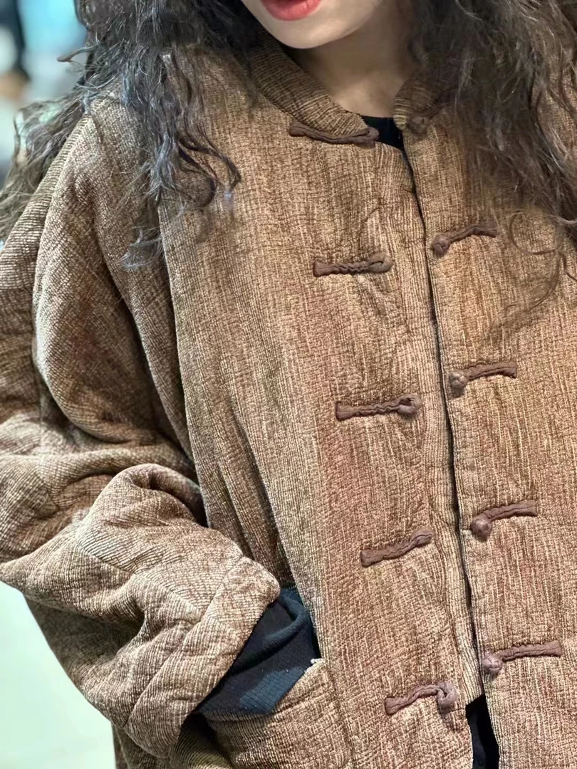 小慧冬季麻衣～混纺盘扣短款棉服休闲棉衣中国风秋冬外套上衣～均码