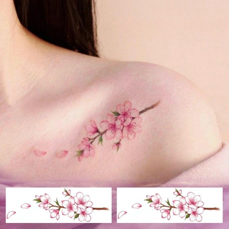 新锁骨桃花 少女唯美文艺清新粉色花朵飘落韩风纹身贴纸持久逼真