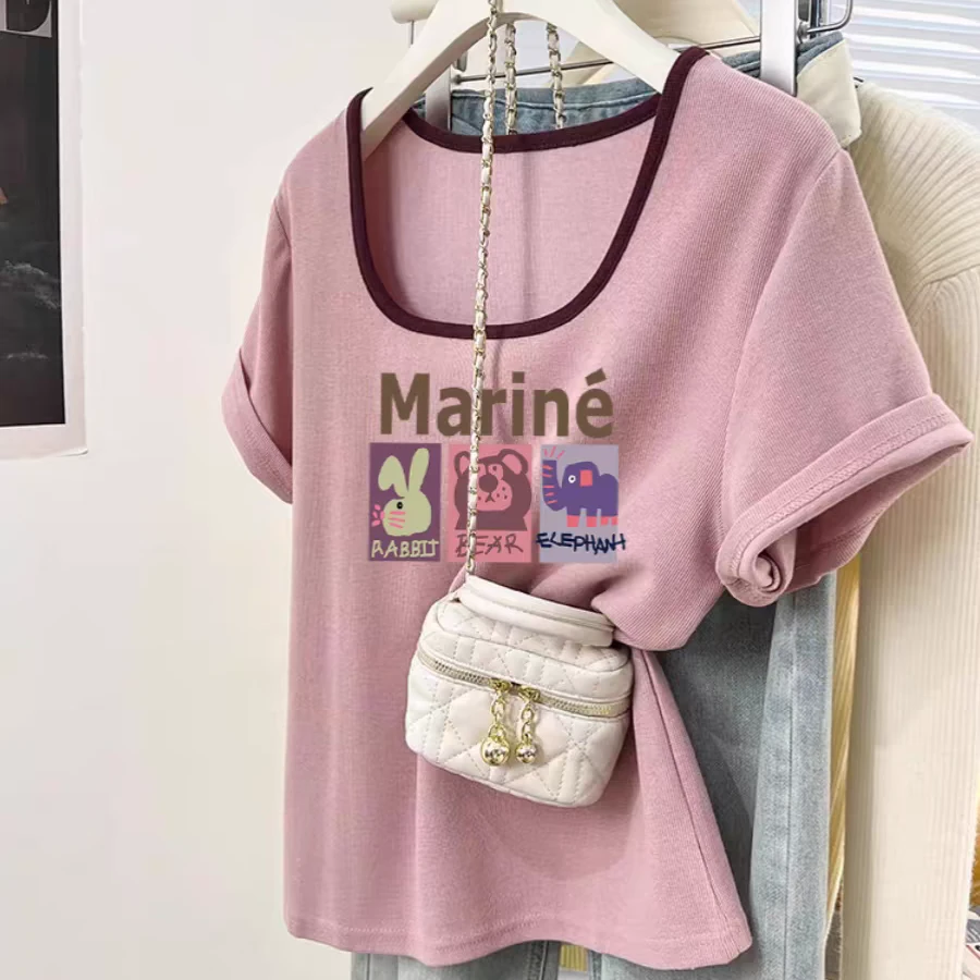 夏季2025新款独特别致设计感法式方领上衣小众宽松短袖正肩t恤女