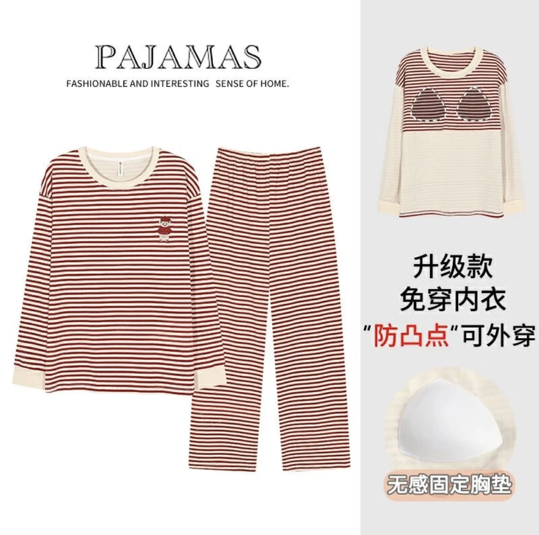 M503带胸垫秋冬长袖长裤韩版红色条纹刺绣小熊