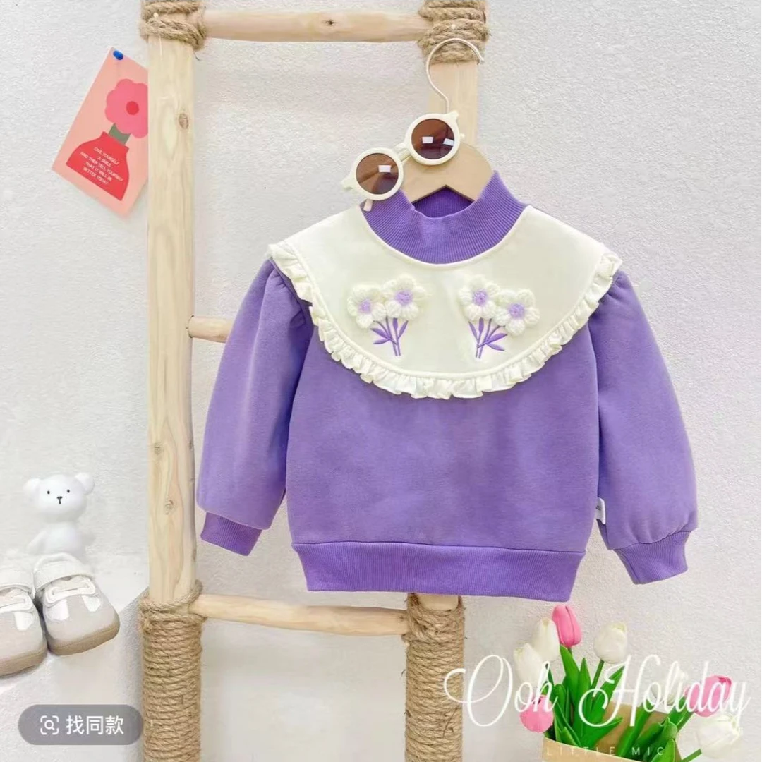 Z【优选】女童花边加绒卫衣韩版秋冬女宝卫衣绣花加绒上衣ly