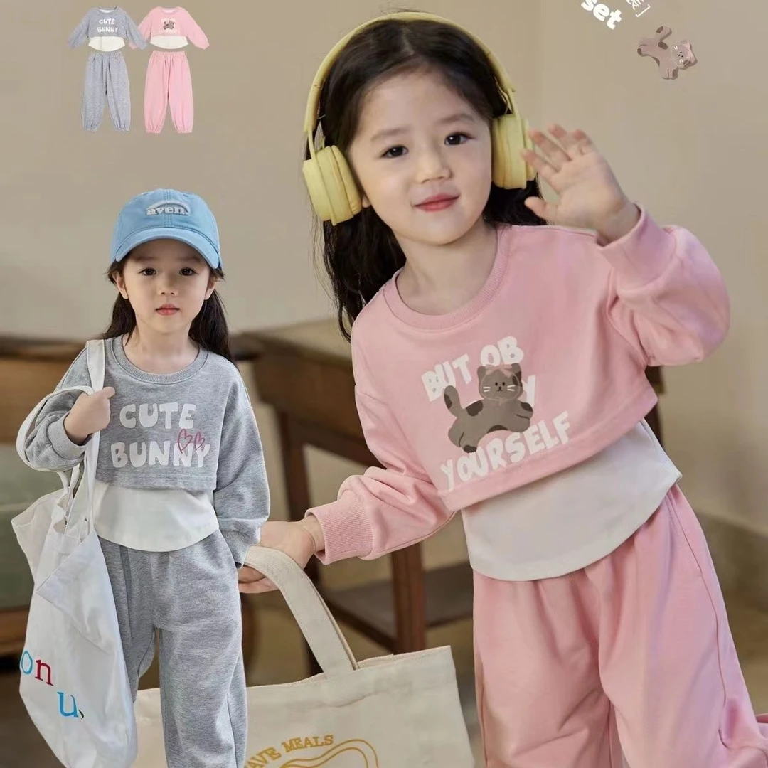 Budbebe女童假两件卡通套装2024春秋新款宝宝洋气时髦运动装休闲