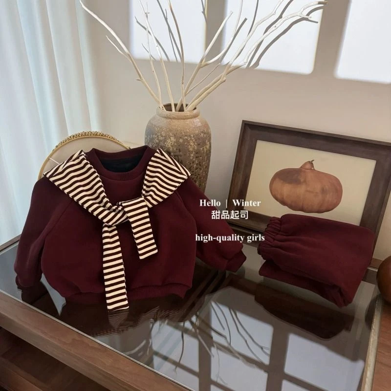 【Budbebe】男女童加绒洋气新年服条纹披肩酒红色卫衣阔腿裤两件套