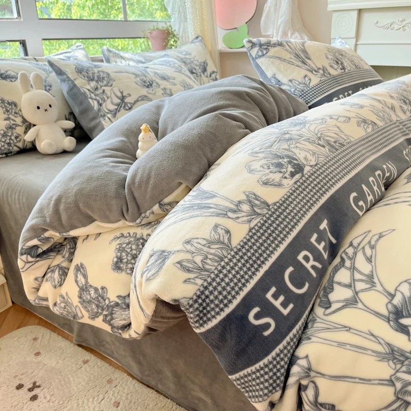 牛奶绒床上四件套冬季款加绒珊瑚绒床单床笠法兰绒被套宿舍三件套