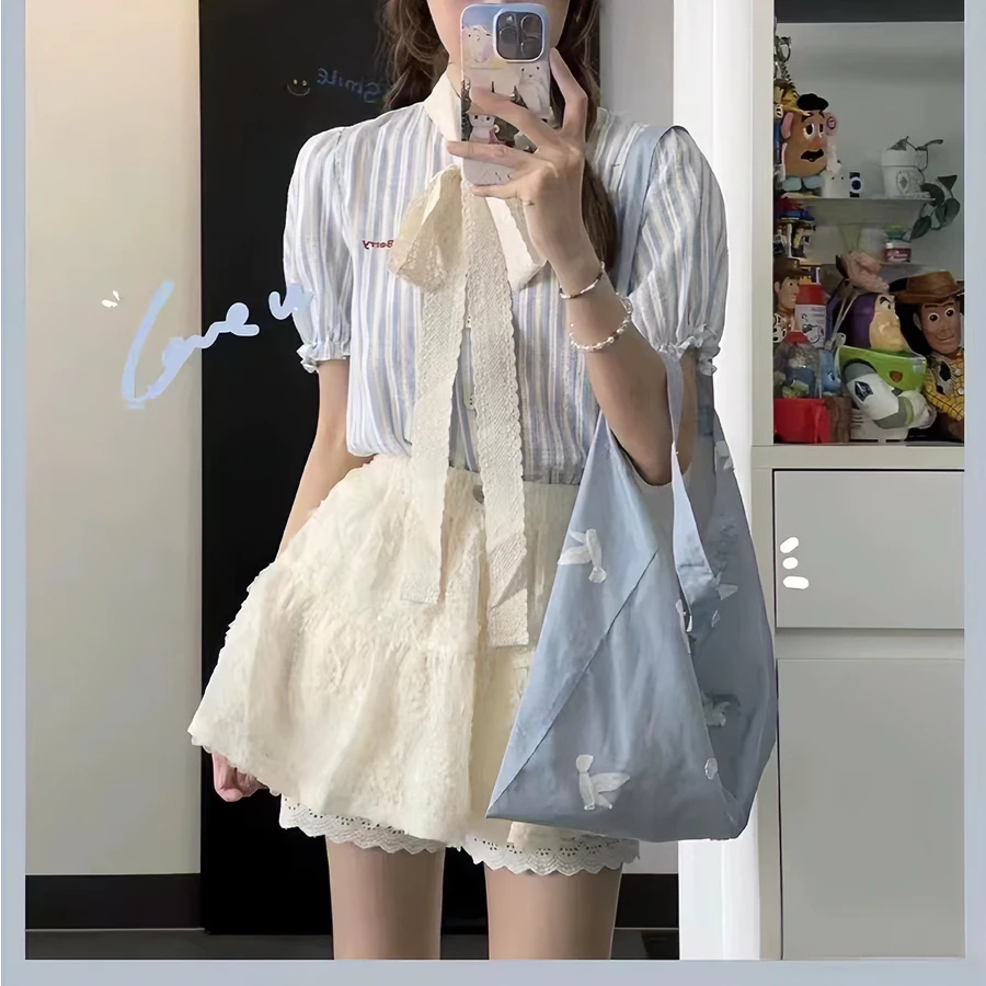 甜美风上衣+短裙气质时尚小众短袖蕾丝白色百搭夏季法式泡泡袖ol