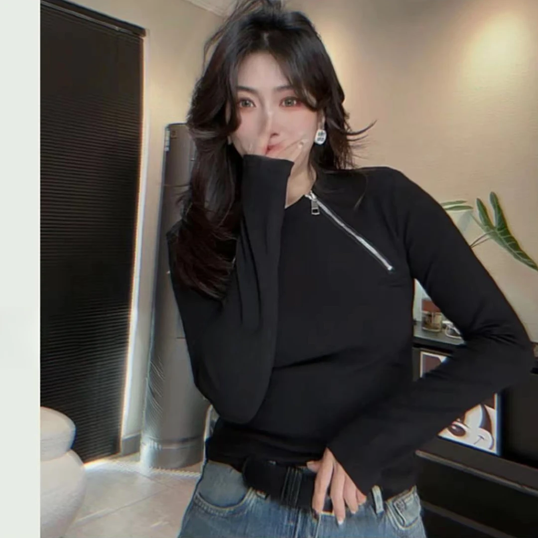 纯欲风性感拉链打底上衣显瘦长袖时尚百搭修身气质紧身秋季半高领