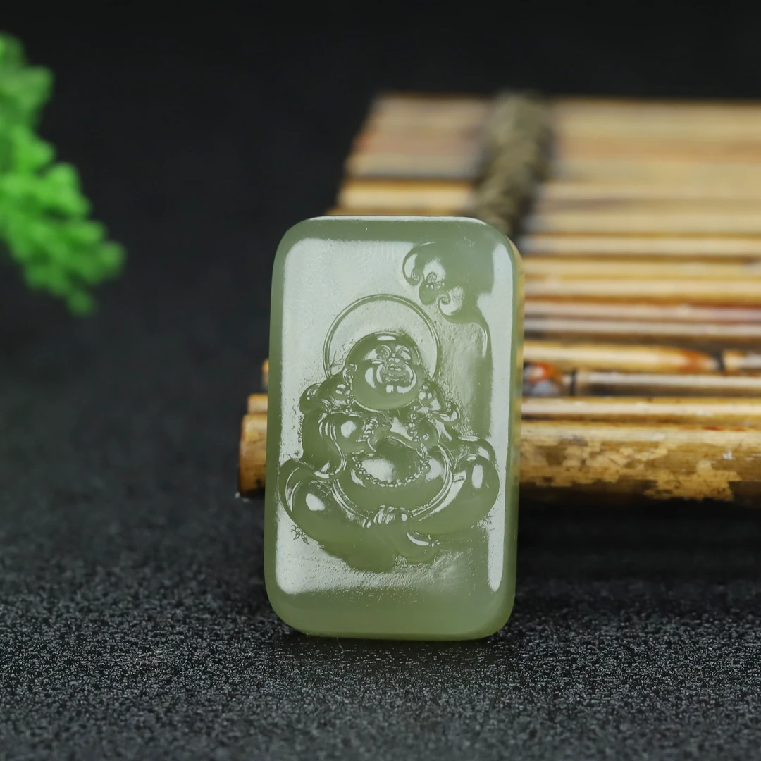 和田玉青海料湖水绿方牌佛公挂牌挂件吊坠