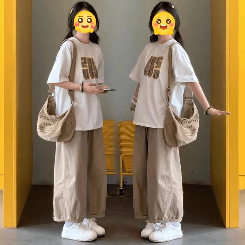 韩系慵懒学院风休闲套装夏季12-15-18岁短袖T恤阔腿裤时尚两件套
