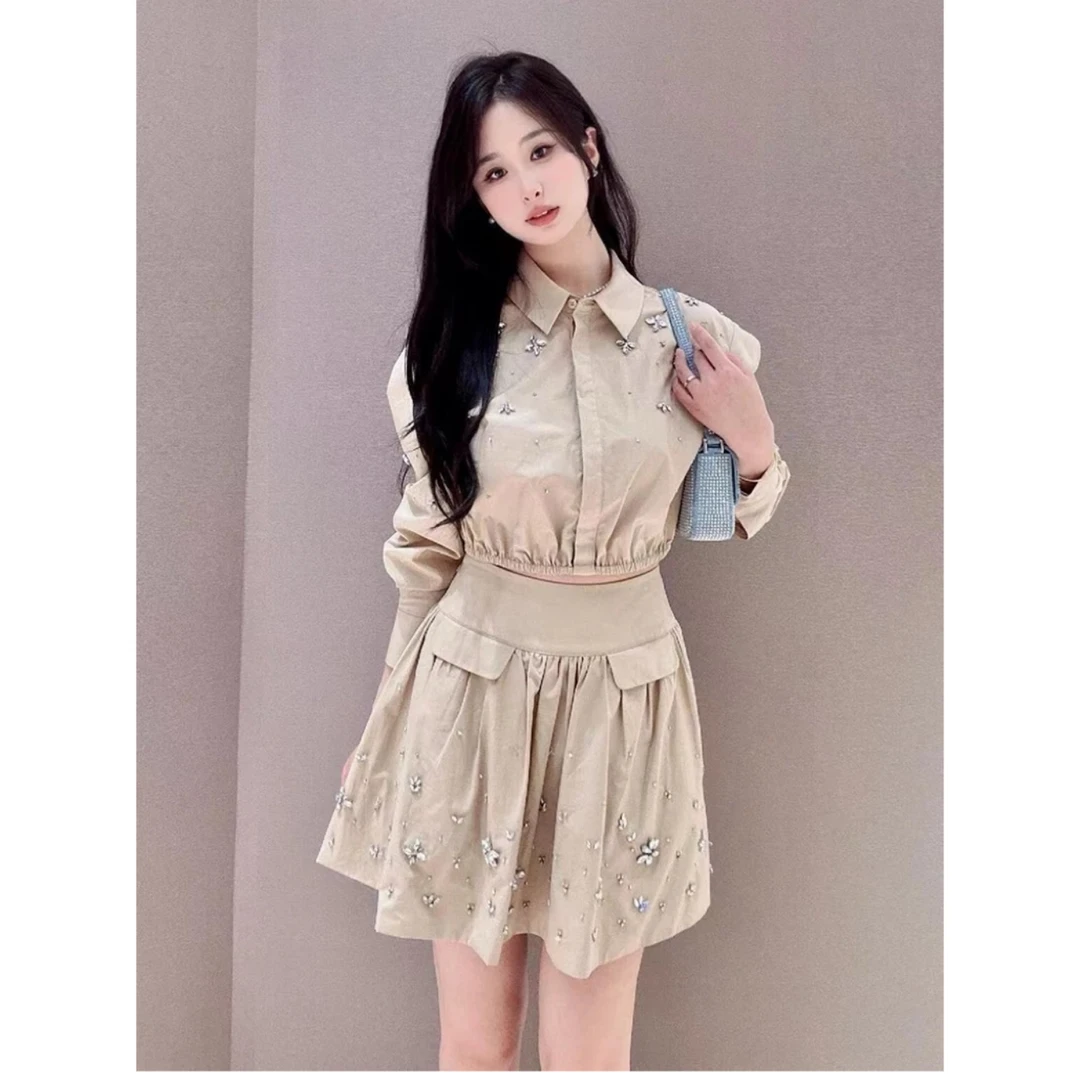 NO退NO换重工钉钻收腰长袖衬衫上衣百褶半身裙