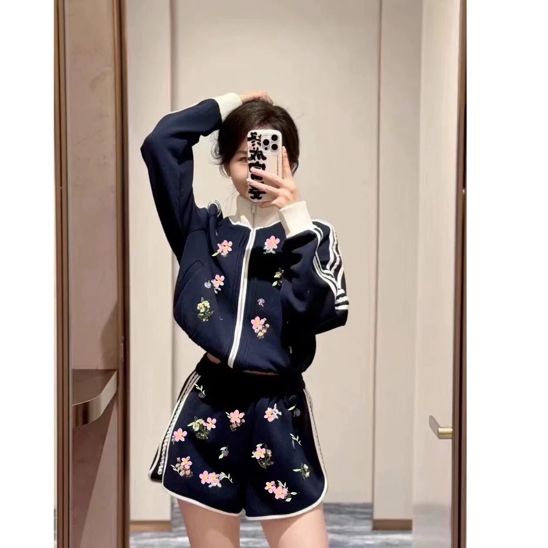 NO退NO换花朵重工钉珠刺绣卫衣外套修身短裤