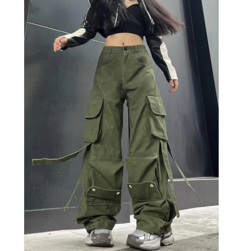 美式工装裤秋绿宽松嘻哈街舞阔腿飘带hiphop裤子休闲阔腿裤男女潮