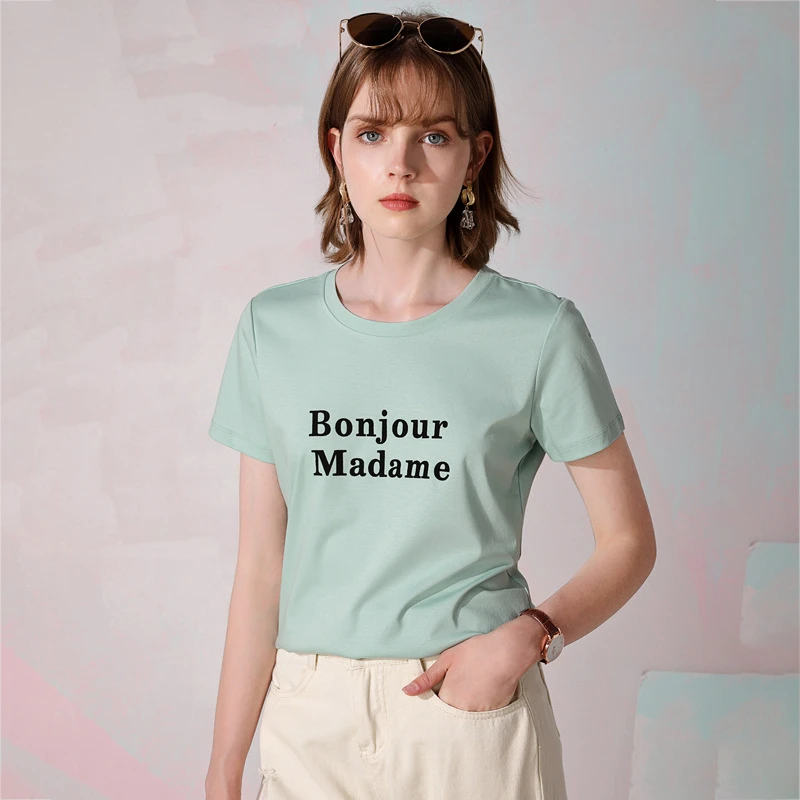 【植绒印花】夏季双面丝光棉T恤女植绒字母T恤女宽松版显瘦圆领百搭