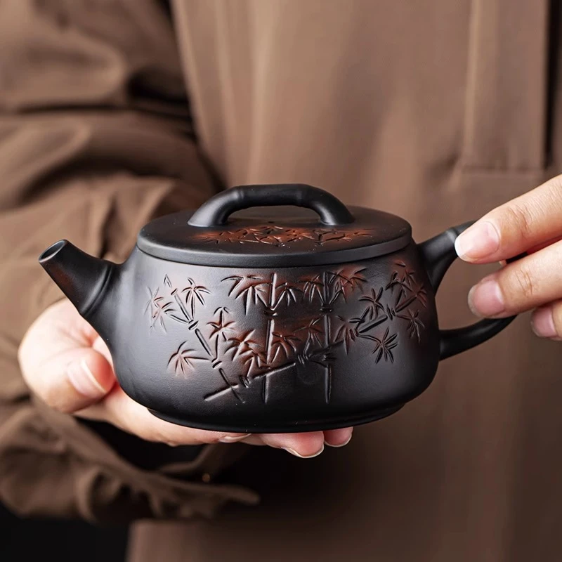 新款紫陶瓷茶壶泡茶家用高档茶具手工刻纹石瓢壶简约云南紫砂壶