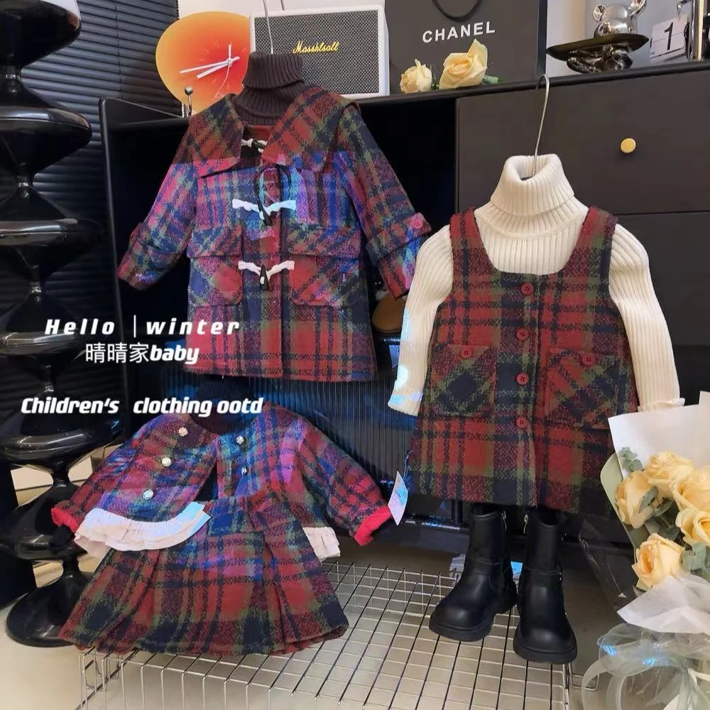 三版本姐妹装女童秋冬套装儿童格子加厚保暖两件套MX3144837梦