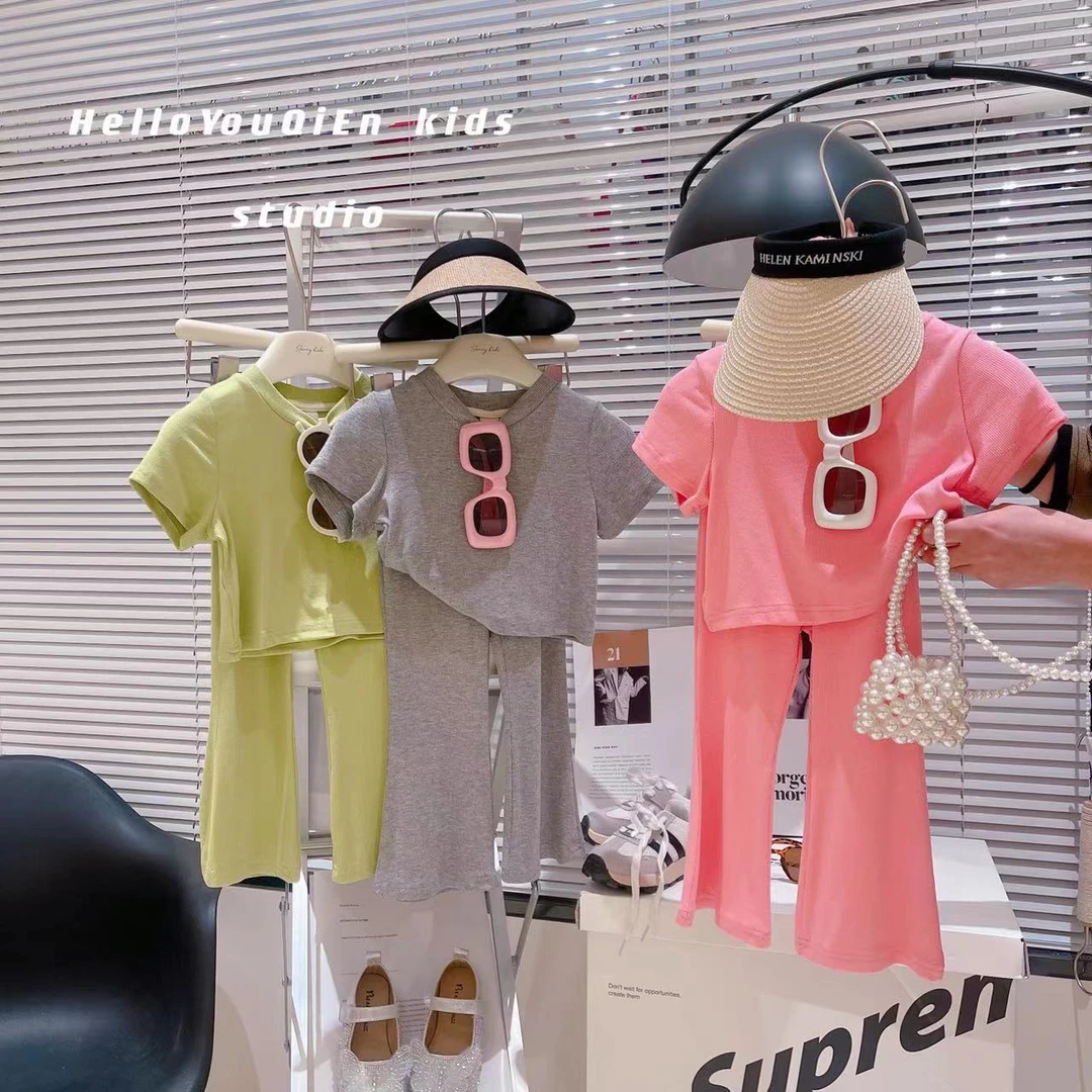 女童夏季套装螺纹棉弹力短袖打底T恤+微喇长裤洋气两件套TX298鱼