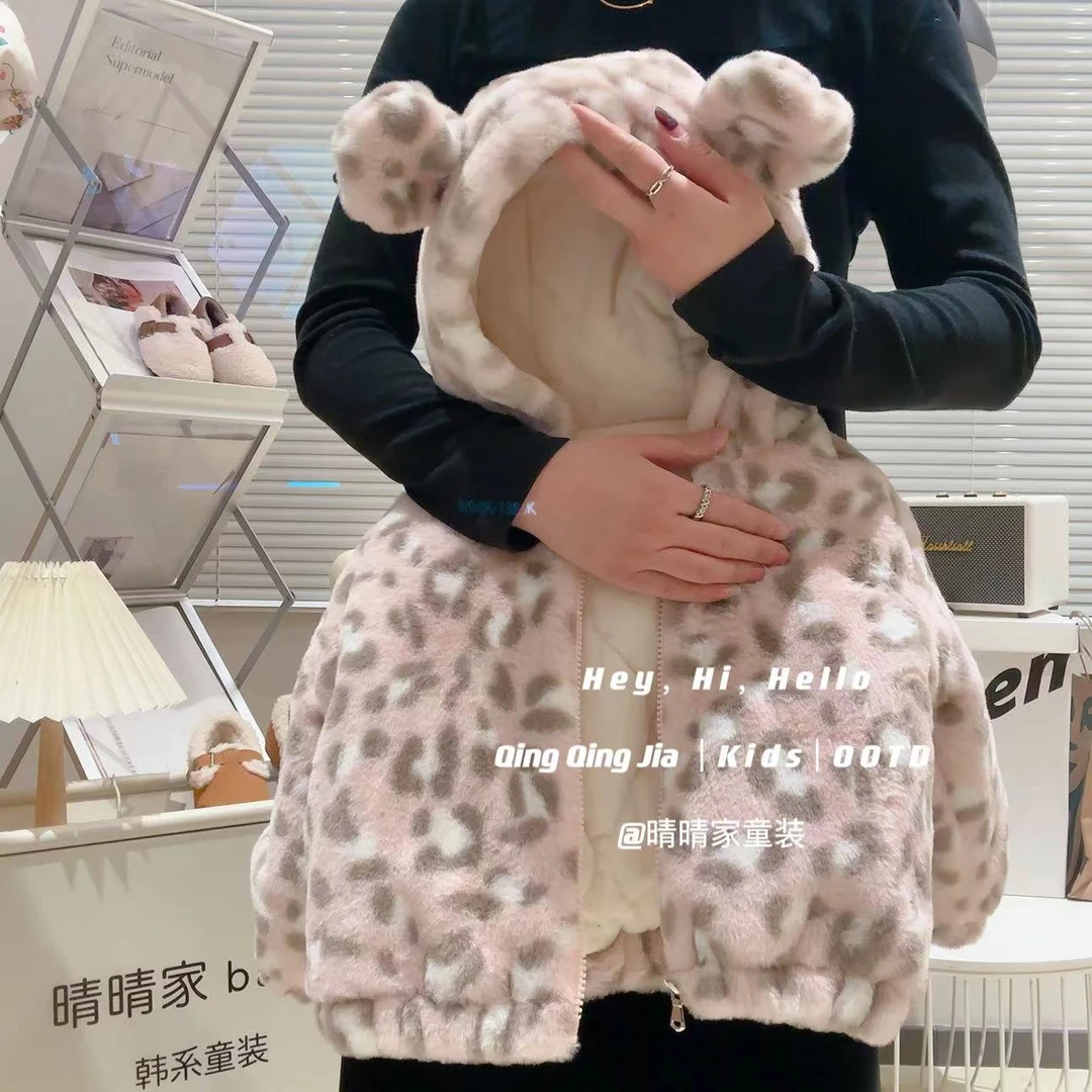 女童秋冬加绒加厚外套儿童连帽豹纹毛毛保暖韩版棉服棉袄D68177嘉