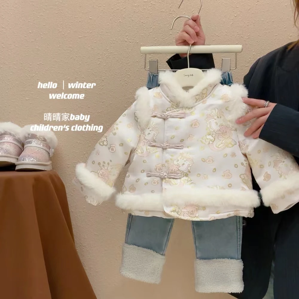 女童秋冬唐装儿童洋气国风刺绣毛毛包边加厚百搭拜年外套TW605鱼