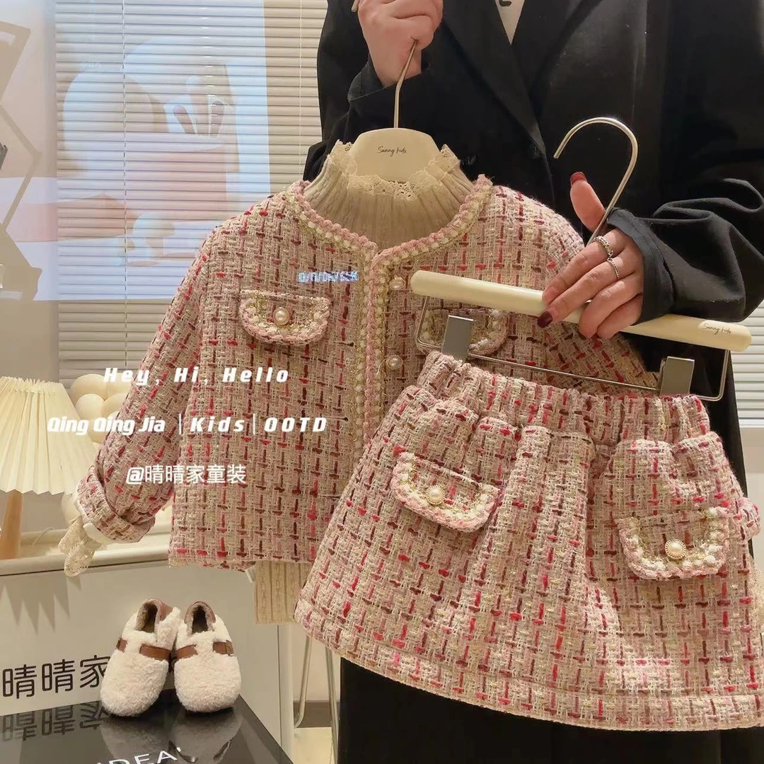 儿童秋冬小香风套装女童洋气加厚短款外套短裙韩版两件套TW312鱼